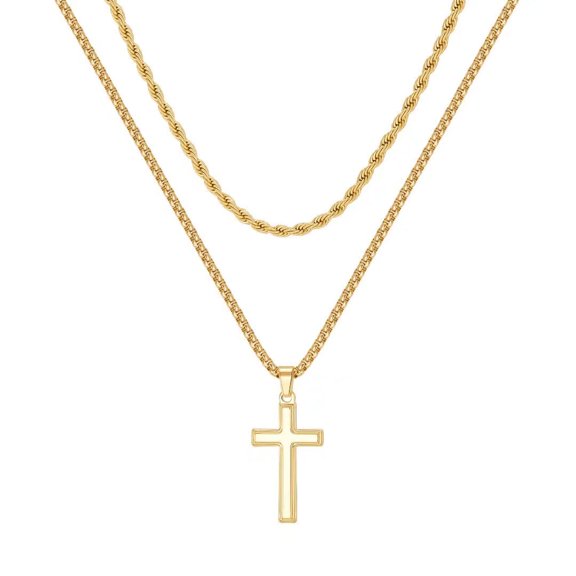 TINGN Layered Cross Necklace for Men Stainless Steel Cross Necklace Layered Rope Chain Box Chain Cross Pendant Necklace for Men Women