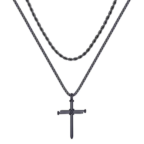 TINGN Layered Cross Necklace for Men Stainless Steel Cross Necklace Layered Rope Chain Box Chain Cross Pendant Necklace for Men Women