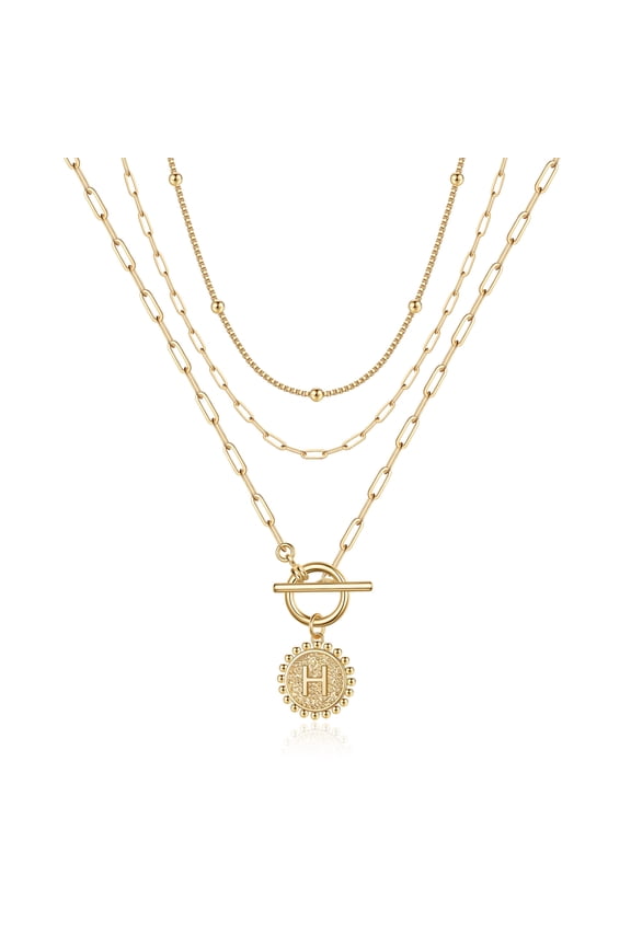 Layered Gold Initial Necklaces for Women Paperclip Link Necklace Toggle Clasp Necklaces for Women