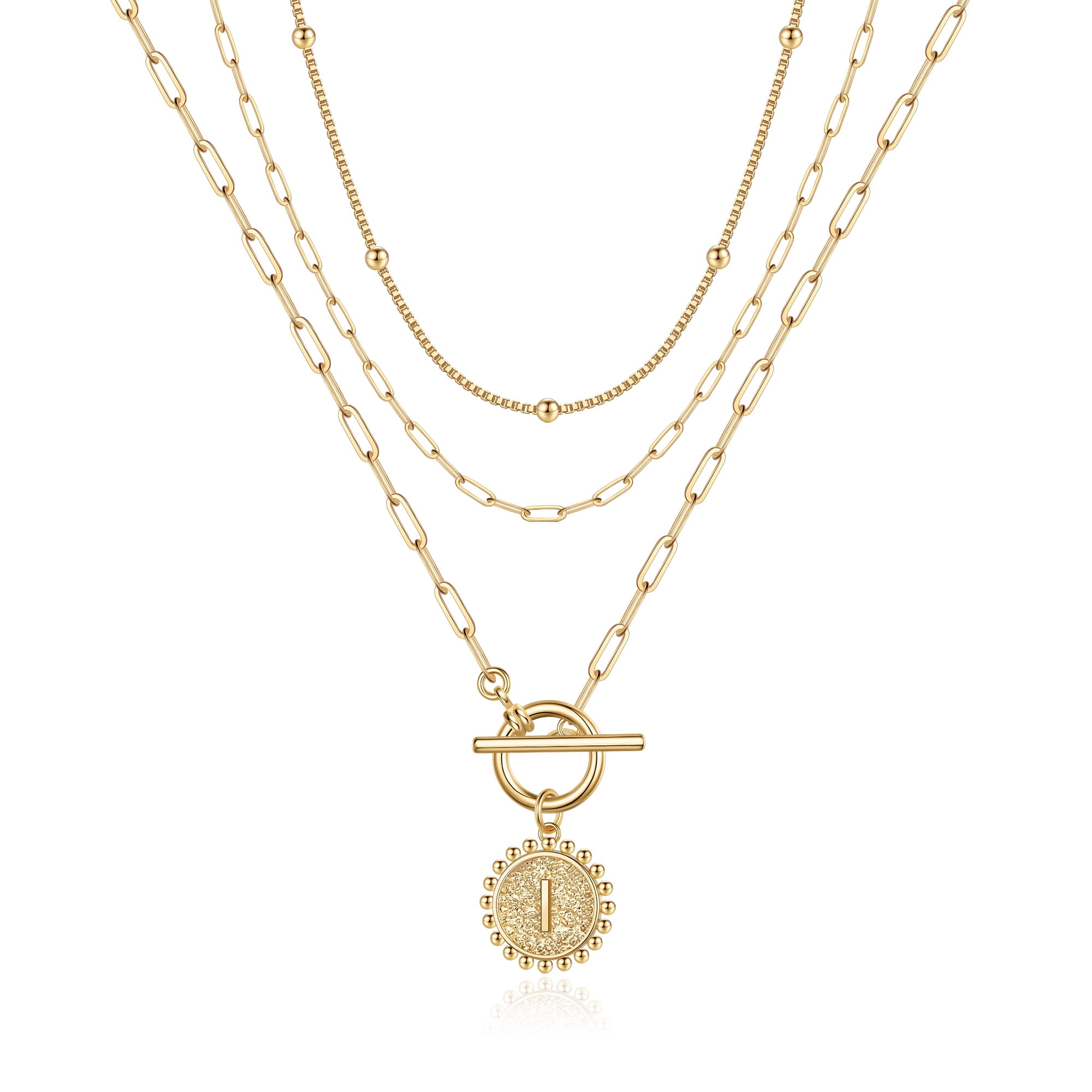 STORYJEWELLERY Gold Initial Necklace Set - 18K Gold Plated Paperclip & Herringbone Layering Necklaces For Women