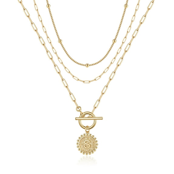TINGN Layered Gold Initial Necklaces for Women 14K Gold Plated Paperclip Link Necklace Toggle Clasp Layering Initial Necklaces for Women