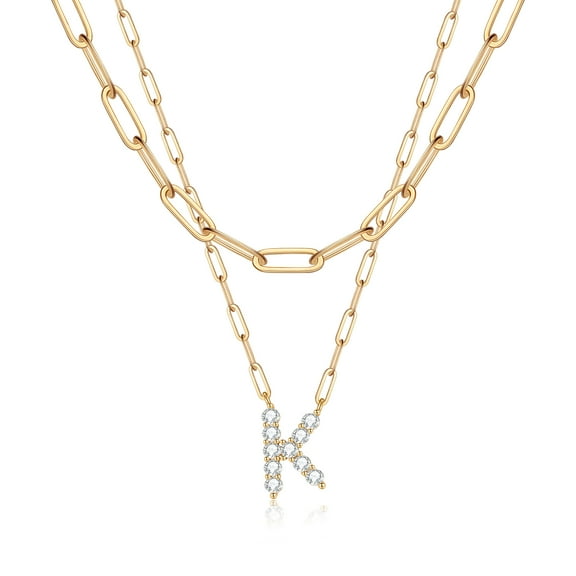 TINGN Layered Initial Necklace for Women 14K Gold Plated Cubic Zirconia Paperclip Chain Necklace