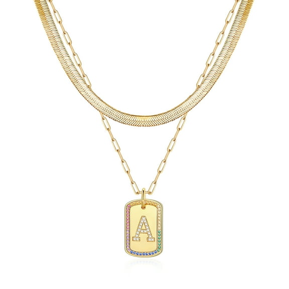 TINGN Layered Initial Necklaces for Women 14K Gold Plated CZ Square Letter Pedndant Herringbone Snake Necklaces