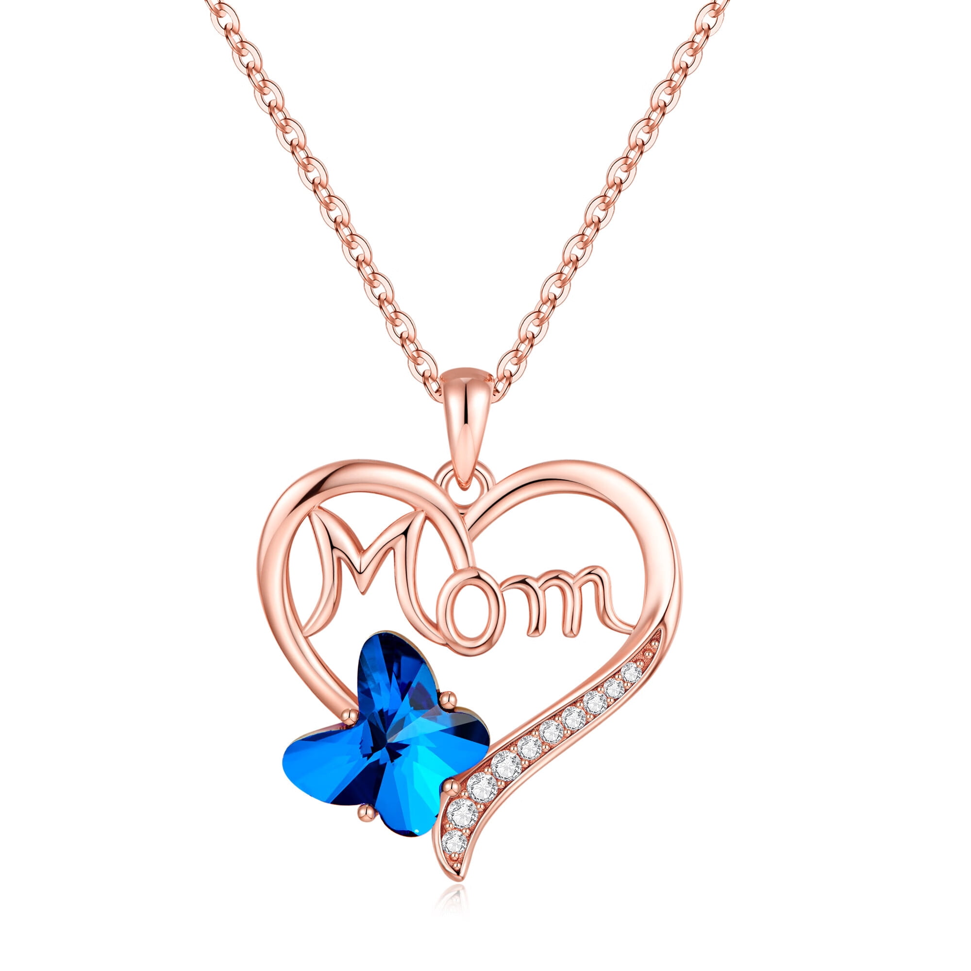 Turandoss Mom Gifts Butterfly Heart Necklaces 925 Sterling Silver Blue Butterfly Crystal Trendy Jewelry for Women Mothers Day Gifts Valentines Day Birthday Gifts for Mom