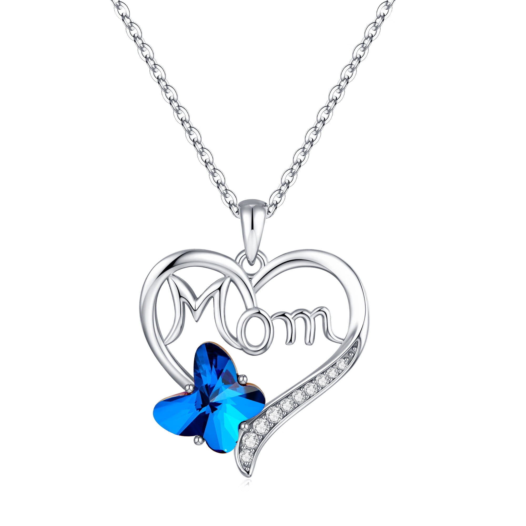 Turandoss Mom Gifts Butterfly Heart Necklaces 925 Sterling Silver Blue Butterfly Crystal Trendy Jewelry for Women Mothers Day Gifts Valentines Day Birthday Gifts for Mom
