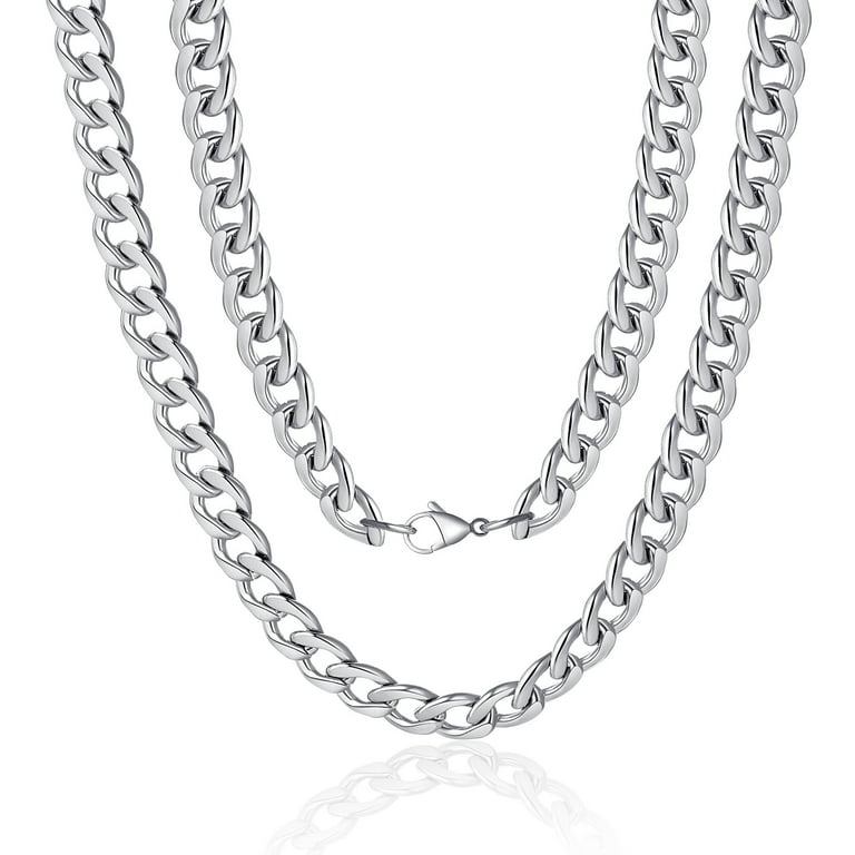 TINGN Silver Chain for Men 7mm 26 Inch Stainless Steel Silver Cuban Link Chain Necklace for Men