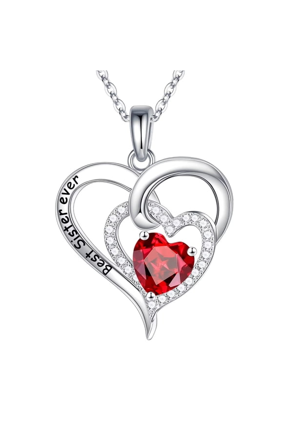 Sisters Gifts Heart Necklace S925 Sterling Silver Double Heart Birthstone Necklaces Anniversary Birthday Gifts for Sister Sister in Law Big Sister