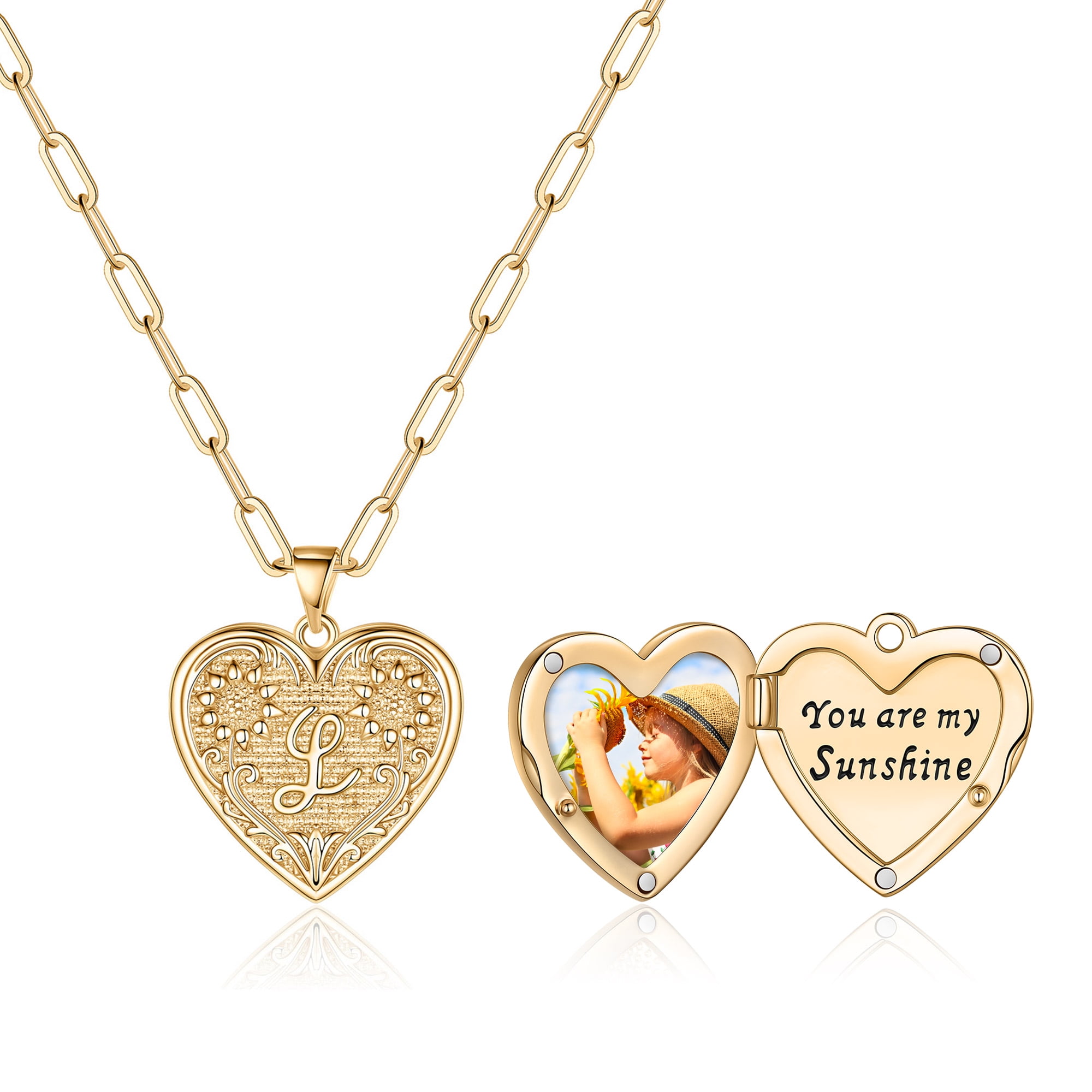 TINGN Sunflower Heart Locket Necklaces for Women Girls 14K Gold Plated Paperclip Chain Necklace