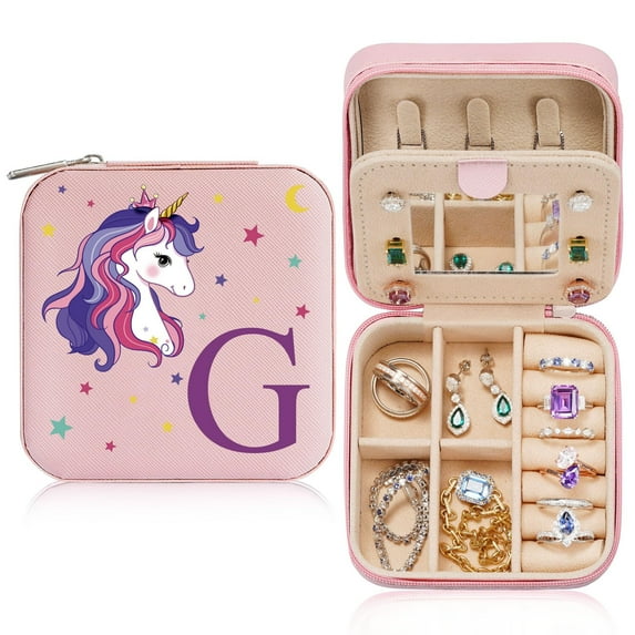 TINGN Unicorn Travel Jewelry Case Holder Organizer, Small Pink Mini Cute Initial Jewelry Box Women, Personalized Gift for Womenage Women