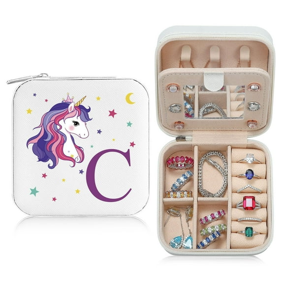 TINGN Unicorn Travel Jewelry Case Holder Organizer, Small Pink Mini Cute Initial Jewelry Box Girl Women, Personalized Gift for Teenage Teen Girl
