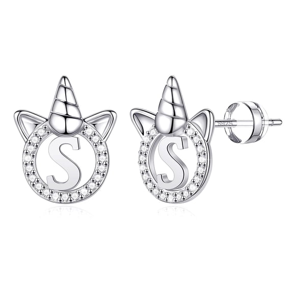 TINGN Unicorns Gifts for Women Earrings S925 Sterling Silver Post CZ Initial Unicorn Earrings 14K White Gold Plated Stud Earrings for Women