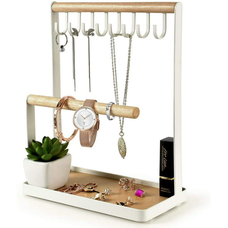 TINGOR Jewelry Stand Holder, 3-Tier Necklace Hanging Wooden Ring Organizer  Earring Tray, 8 Hooks Storage Necklaces, Bracelets, Rings and Watches on
