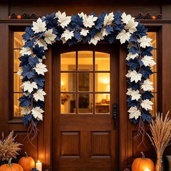 TINGXIN Fall Maple Leaves Garland, Blue-Tone Fall Garland with Mixed Maple Leaves, High-Quality, Flexible Design, Dust-Resistant Surface, for Mantel, Table, Centerpiece, Thanksgiving Farmhouse Decor