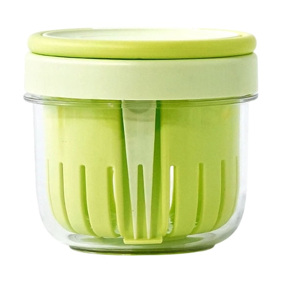 TINGXIN Green Double-Layered Drainable Picnic Fruit Box (Salad Storage Container, Salad Bowl), Airtight Leak-Proof Built-In Fork Portable Loop Produce Keeper for Container Fridge Meal Prep