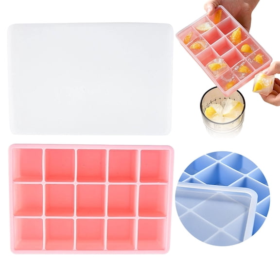TINGXIN Silicone Ice Block Tray with Lid, 15-Compartment Square Mold, Easy-Release Flexible Freezer Container for Coffee Drinks, BPA-Free Dishwasher-Safe Cooling Tool, Pink 1PC