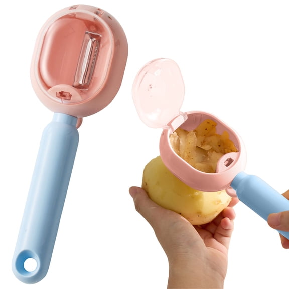 TINGXIN Storage Vegetable Peeler with Built-In Container, 420 Stainless Steel Serrated Blade, One-Button Scrap Collector for Potatoes and Carrots, Ergonomic Non-Slip Handle, Pink 1PC