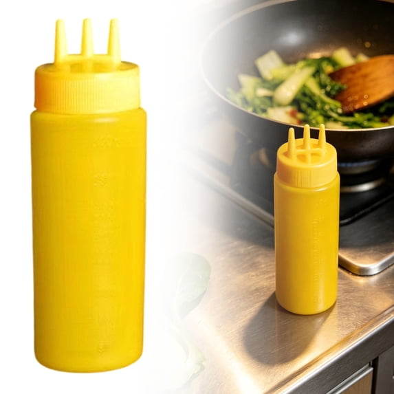 TINGXIN Triple-Nozzle Plastic Squeeze Bottle, 300ml Multi-Hole Condiment Dispenser with Scale Mark, Reusable Ketchup and Salad Dressing Container, Leakproof Kitchen Sauce Squeezer, Yellow 1PC