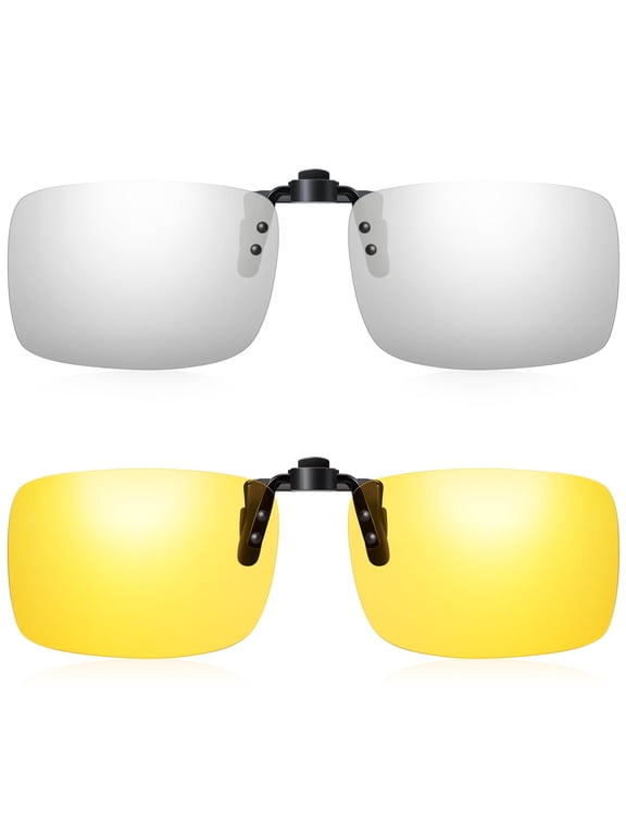 2 Pairs Clip On Sunglasses Flip Up Day&Night Driving Glasses UV400 Anti Glare Over Prescription Glasses