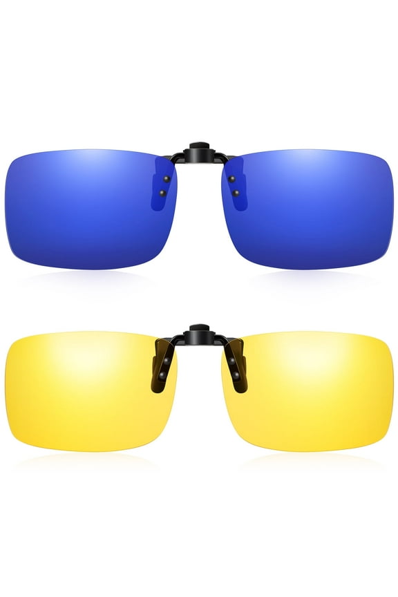 2 Pairs Clip On Sunglasses Flip Up Day&Night Driving Glasses UV400 Anti Glare Over Prescription Glasses