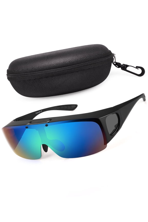 Flip Up Polarized Sunglasses Fit Over Prescription Glasses, Hard Case Included, Wrap Around Shield UV400 Driving Sunglasses for Men Women