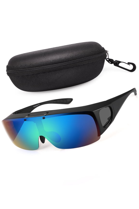 Flip Up Polarized Sunglasses Fit Over Prescription Glasses, Hard Case Included, Wrap Around Shield UV400 Driving Sunglasses for Men Women