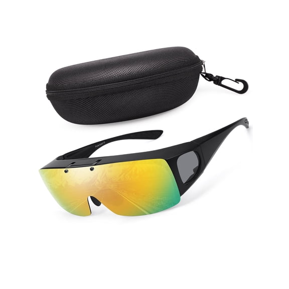 TINHAO Flip Up Polarized Sunglasses Fit Over Prescription Glasses, Hard Case Included, Wrap Around Shield UV400 Driving Sunglasses for Men Women