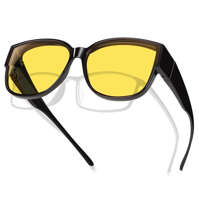 TINHAO Night Vision Driving Glasses Fit Over Eyeglasses for Men Women, Square Polarized Nighttime Glasses Yellow Lens