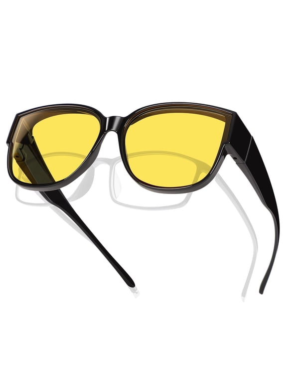 Night Vision Driving Glasses Fit Over Eyeglasses for Men Women, Square Polarized Nighttime Glasses Yellow Lens