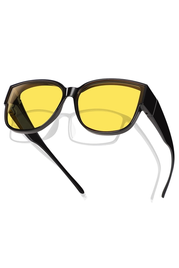 Night Vision Driving Glasses Fit Over Eyeglasses for Men Women, Square Polarized Nighttime Glasses Yellow Lens