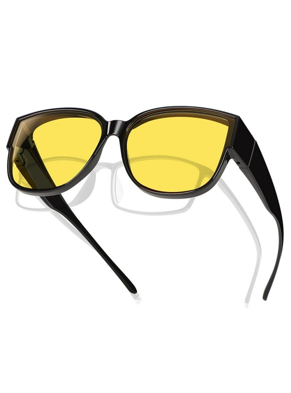 Night Vision Driving Glasses Fit Over Eyeglasses for Men Women, Square Polarized Nighttime Glasses Yellow Lens
