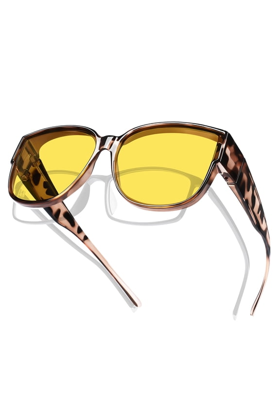 Night Vision Driving Glasses Fit Over Eyeglasses for Men Women, Square Polarized Nighttime Glasses Yellow Lens