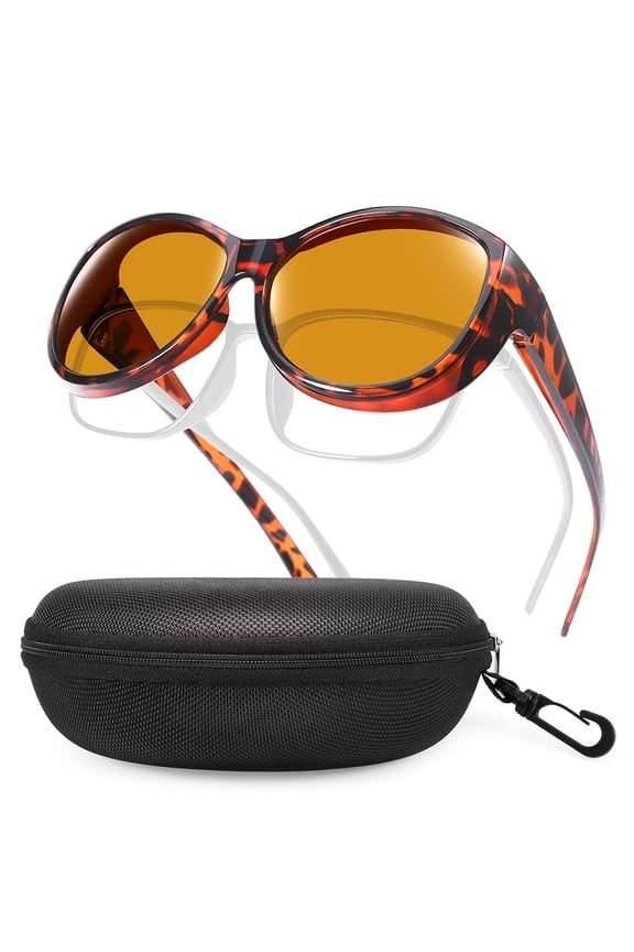 Polarized Fit Over Glasses Sunglasses for Women with Hard Case, Oversized Leopard Frame UV400 Wear Over Prescription Glasses Trendy Stylish Fashion