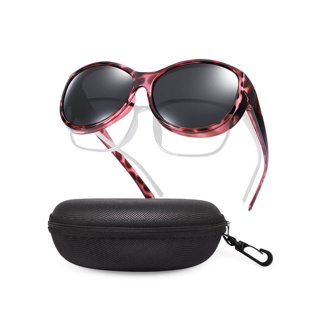 TINHAO Polarized Fit Over Glasses Sunglasses for Women with Hard Case, Oversized Leopard Frame UV400 Wear Over Prescription Glasses Trendy Stylish Fashion