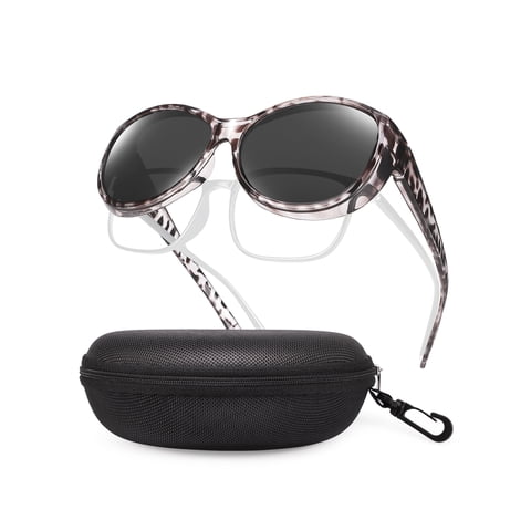 Polarized Fit Over Glasses Sunglasses for Women with Hard Case, Oversized Leopard Frame UV400 Wear Over Prescription Glasses Trendy Stylish Fashion
