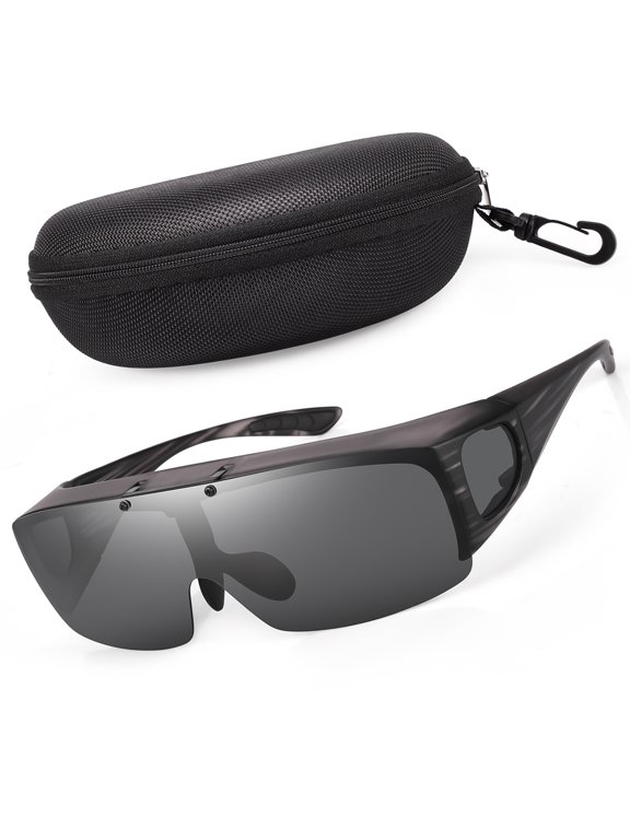 Flip Up Polarized Sunglasses Fit Over Prescription Glasses, Hard Case Included, Wrap Around Shield UV400 Driving Sunglasses for Men Women