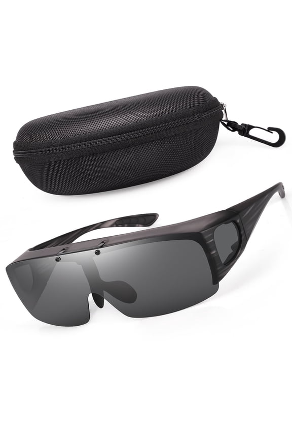 Flip Up Polarized Sunglasses Fit Over Prescription Glasses, Hard Case Included, Wrap Around Shield UV400 Driving Sunglasses for Men Women
