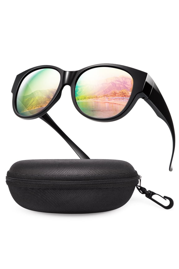Fit Over Glasses Sunglasses with Hard Case, Oversized Cat-Eye Polarized UV400 Wear Over Prescription Rx Glasses for Men Women, Gift Ready