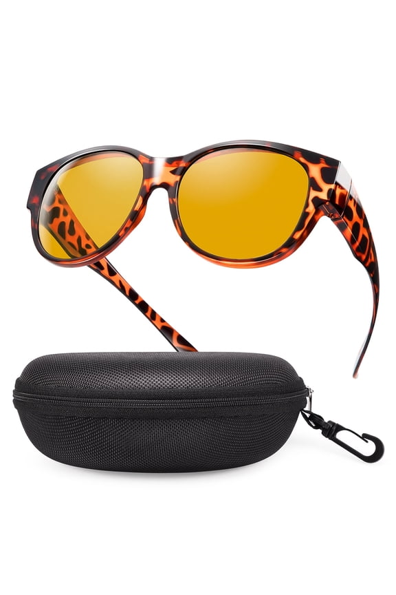 Fit Over Glasses Sunglasses with Hard Case, Wrap Around Cat-Eye Polarized Wear Over Rx Glasses, UV400 Protection, Gift Ready