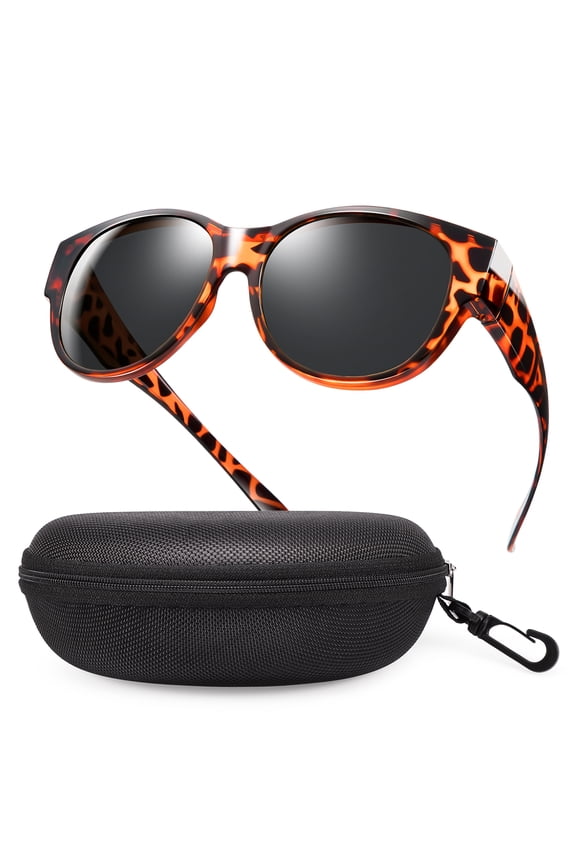 Fit Over Glasses Sunglasses with Hard Case, Wrap Around Cat-Eye Polarized Wear Over Rx Glasses, UV400 Protection, Gift Ready