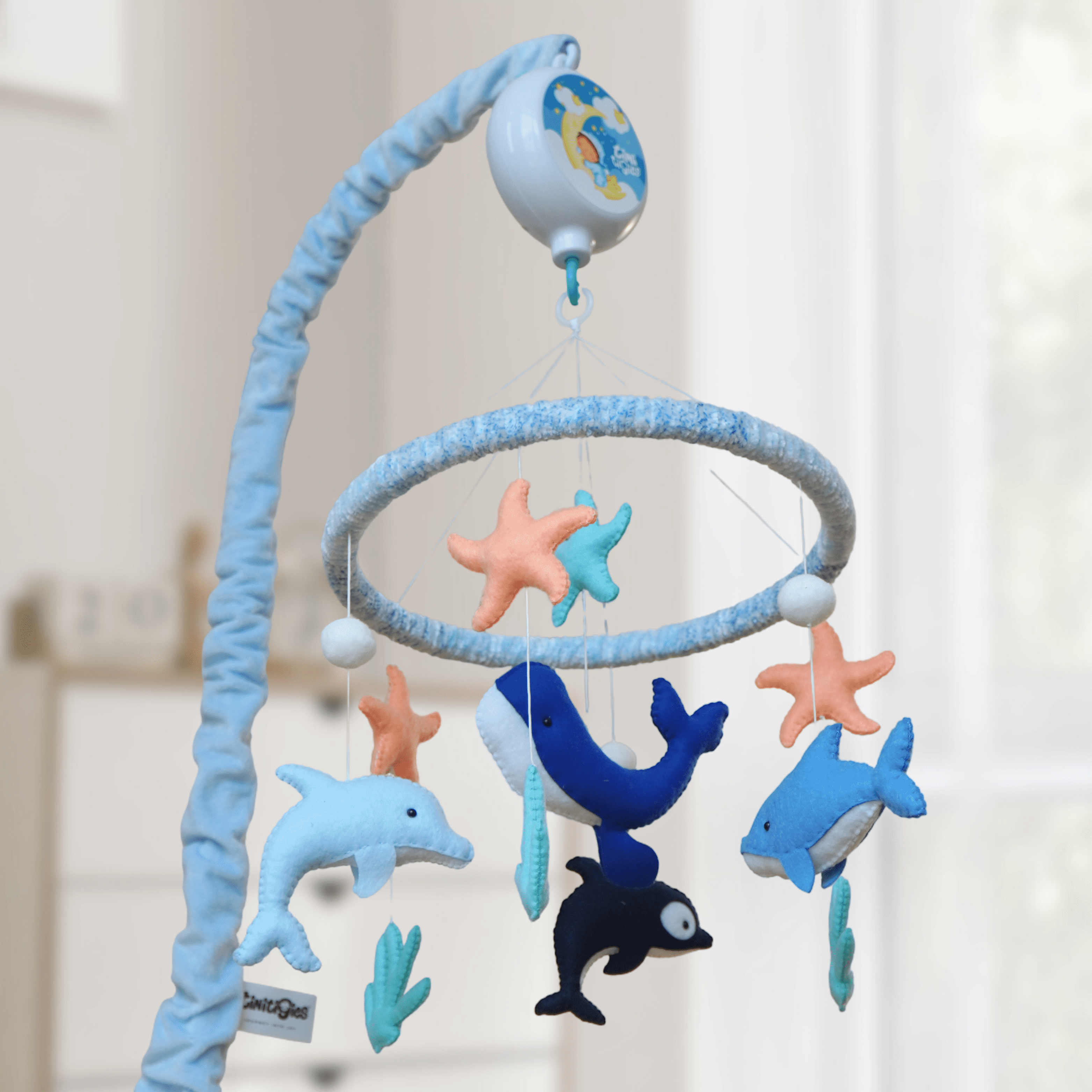 TINITIGIES Ocean Fishes Baby Crib Mobile with Music Box – Handmade Felt Nursery Mobile, 12 Piano Lullabies, Ocean Theme for Visual & Cognitive Development