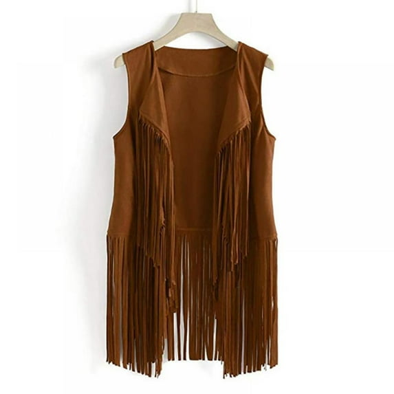 TINKER Vintage Fringe Vest for Women, Faux Suede Leather Cowboy Style Jacket, Sleeveless Tassels Cardigan, 70s Hippie Open Front Waistcoat