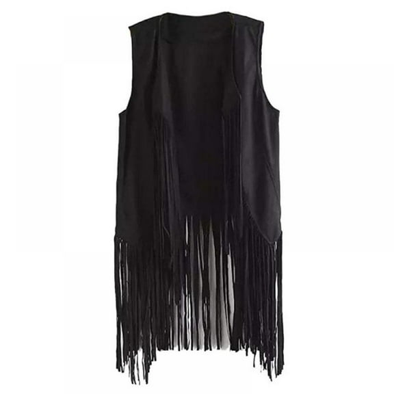 TINKER Vintage Fringe Vest for Women, Faux Suede Leather Cowboy Style Jacket, Sleeveless Tassels Cardigan, 70s Hippie Open Front Waistcoat