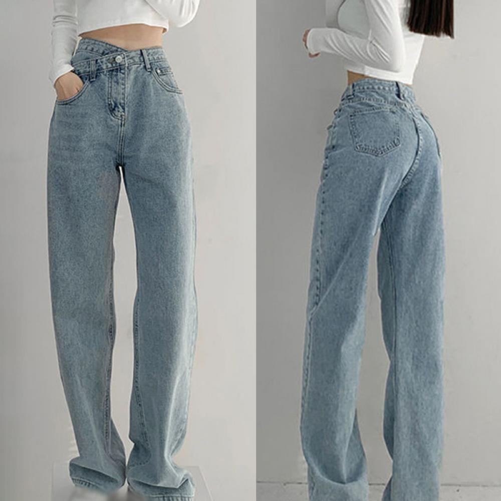 TINKER Women's Pull-on Boyfriend Jeans, Baggy Cross Over Asymmetric Retro  Jean, High-waist Design, Washed Straight Denim Pant Vintage 90s Streetwear