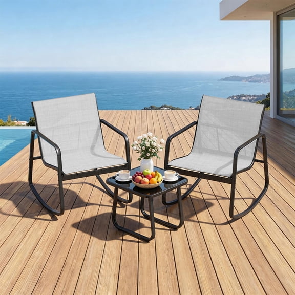 TINKLE WELL 3-Piece Outdoor Rocking Bistro Set, Textilene Rocking Chairs with Glass-Top Table for Porch, Lawn, Balcony, Light Gray
