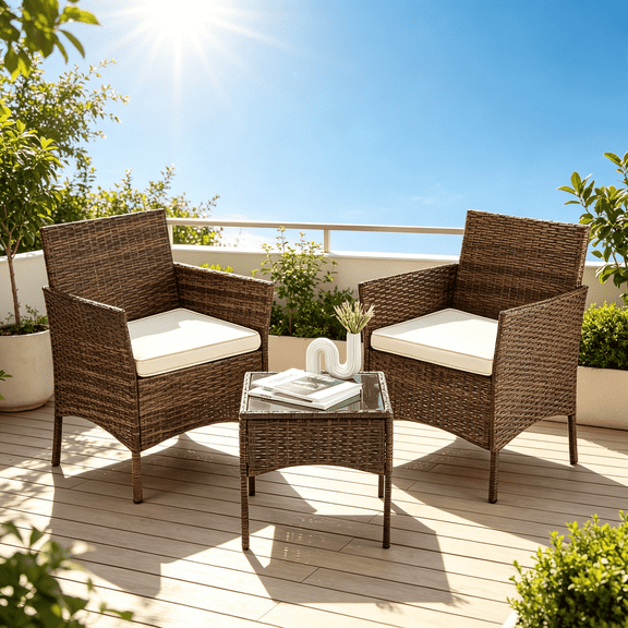 TINKLE WELL 3-Piece Outdoor Bistro Set, Rattan Chairs with Glass-Top Table for Porch, Lawn, Balcony, Brown