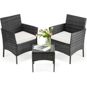 TINKLE WELL 3-Piece Outdoor Wicker Patio Set, All-Weather Rattan Conversation Set with Sofa, Garden Furniture for Porch, Balcony, Deck or Terrace, Black