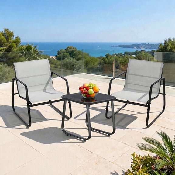 TINKLE WELL 3-Piece Outdoor Bistro Set, Textilene Patio Chairs with Wooden Armrests and Glass-Top Table for Porch, Lawn, Balcony, Light Gray