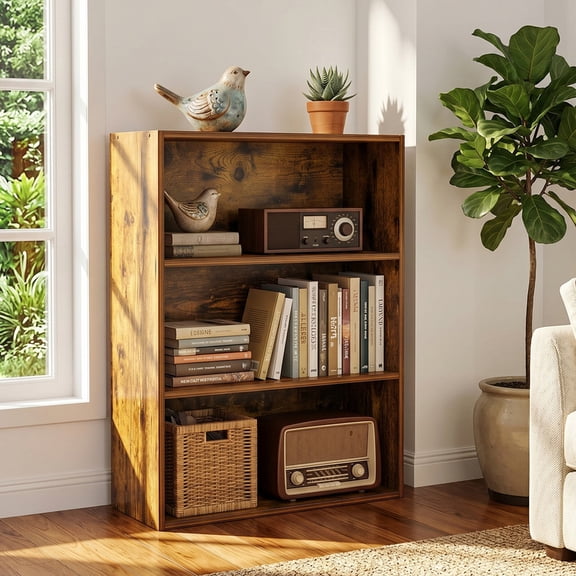 TINKLE WELL 3-Tier Bookshelf, Open Bookcase and Bookshelves, 29 Inch Tall Freestanding Display Storage Shelf, Floor Standing Shelves for Home Office, Living Room, Brown