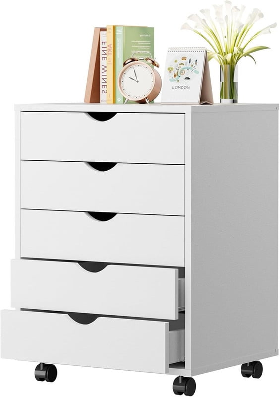 TINKLE WELL 5 Drawer Wooden Rolling File Cabinet, Mobile Compact Storage Dresser for Home Office Organization, White