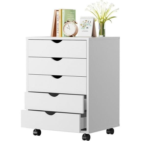 TINKLE WELL 5 Drawer Wooden Rolling File Cabinet, Mobile Compact Storage Dresser for Home Office Organization, White